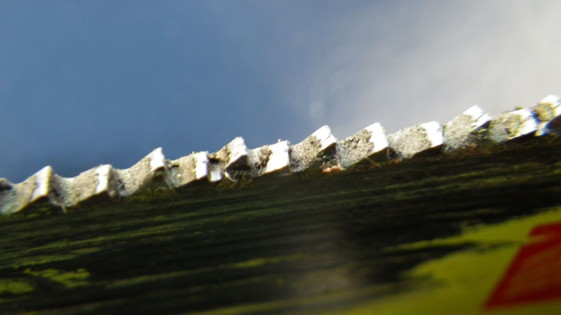 Reciprocating saw blade close-up after running at half speed, with no cooling spray