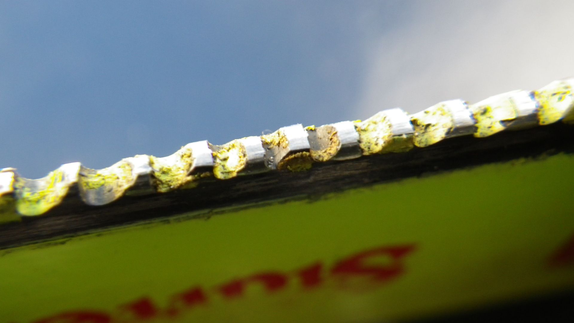 Close-up of a blade used with wide open throttle and improperly lubricated